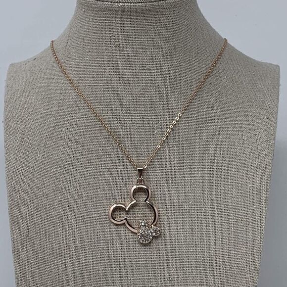 Rose Gold and White Diamond Cubic Zirconia Mickey Mouse Pendant Necklace - Picture 2 of 7